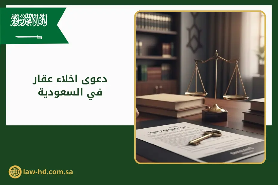 مستند دعوى إخلاء عقار في السعودية على مكتب قانوني بجانب ميزان العدالة ومفتاح عقار